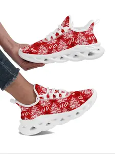 Women's Christmas Tree Print Lace Up Low Top Sneakers, Casual Comfortable Breathable Sports Running Shoes, Female All-match Round Toe Shoes for Daily Wear