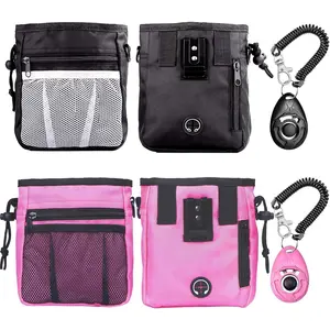 Dog Treat Pouch Dog Clicker Training Kit, Dog Training Treat Pouch Clicker for Training, 3 Ways to Wear Easily Carries Treat Pouches for Pet Training (Black and Pink)