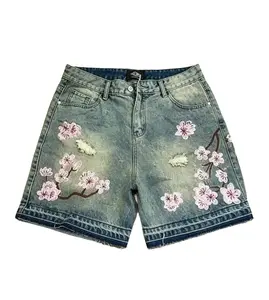 No See-Through Cherry Blossom Embroidery Denim Shorts - True To Size Baggy Jorts with Heavy-Duty Vintage Wash Unisex Distressed Raw Hem Shorts for Summer Festival Outfits