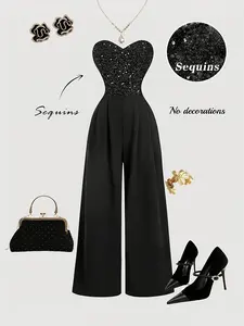 Shimmering Sequin Patchwork Bodysuit, Heart Sequin Halter Wide Leg Dress, Sexy Solid Color Sequin Bodysuit, Nightclub Party Fashion, Chic