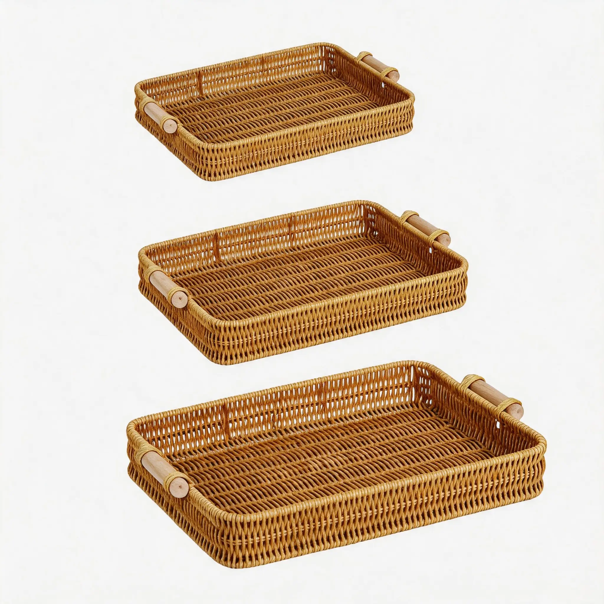 3-Piece Handmade Woven Basket Set, Long Rectangular Storage Tray with Handles, Fruit Bread Tea Point Holder, Home Desktop Organizer