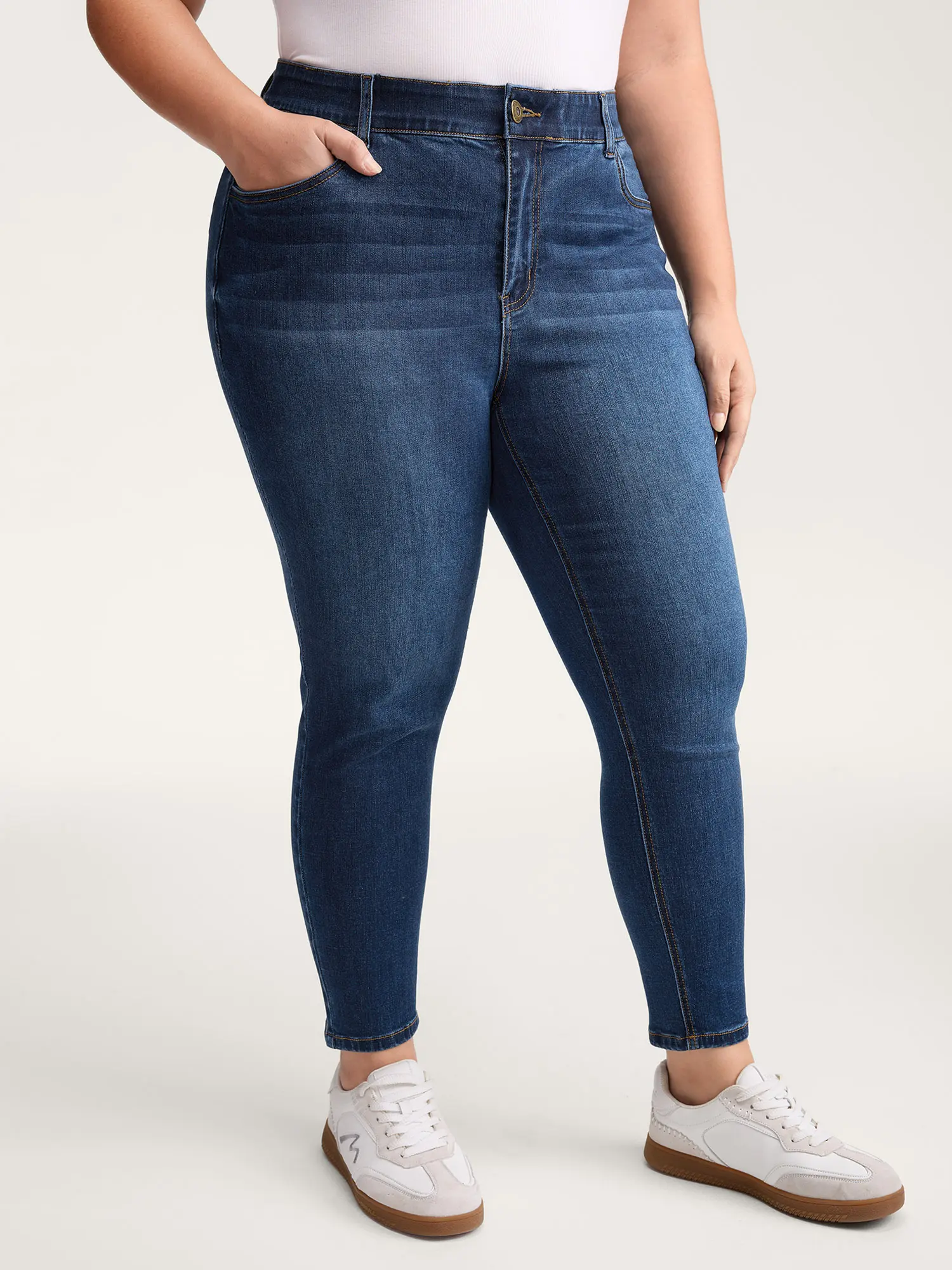 BloomChic Women's Plus Size Curvy Bodies High-Stretch Mid-Rise Pull-On Slim Pants - Expandable Workwear Denim, Butt-Lifting Fit, Medium Wash, Pockets, Busy Day Ready