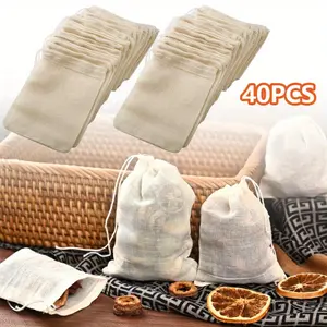 40 Pcs Spice Bags, 15 x 10 cm Spice Bags for Cooking with Drawstring, Tea Bags for Self-Filling Reusable, Cotton Bags for Loose Tea, Coffee, Filter, Spices