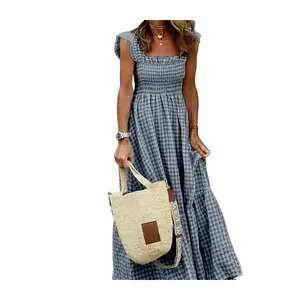 Women's Strapless Sleeveless Patchwork Checked A-Line Long-Skirt Dress, Summer Beige Casual Wear, Spring Dress, Checked Casual Style
