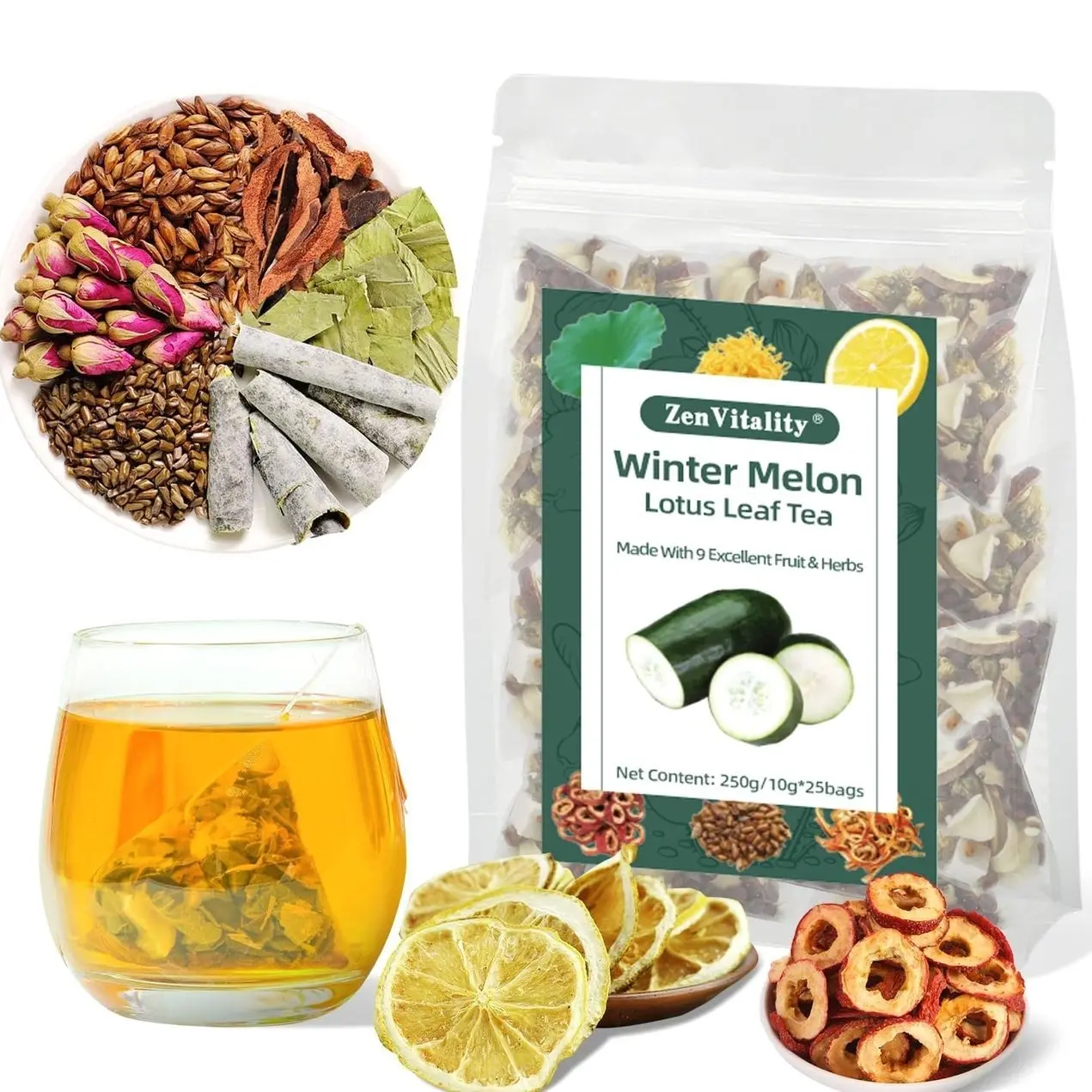ZenVitality Oil Cleansing Tea Supports Fat Metabolism|Cholesterol Health|Digestive Health Winter Melon Lotus Leaf Tea with Chrysanthemum|Rose|Lemon|Cassia Seed|Hawthorn|Orange Peel|Buckwheat 10g*25Bag