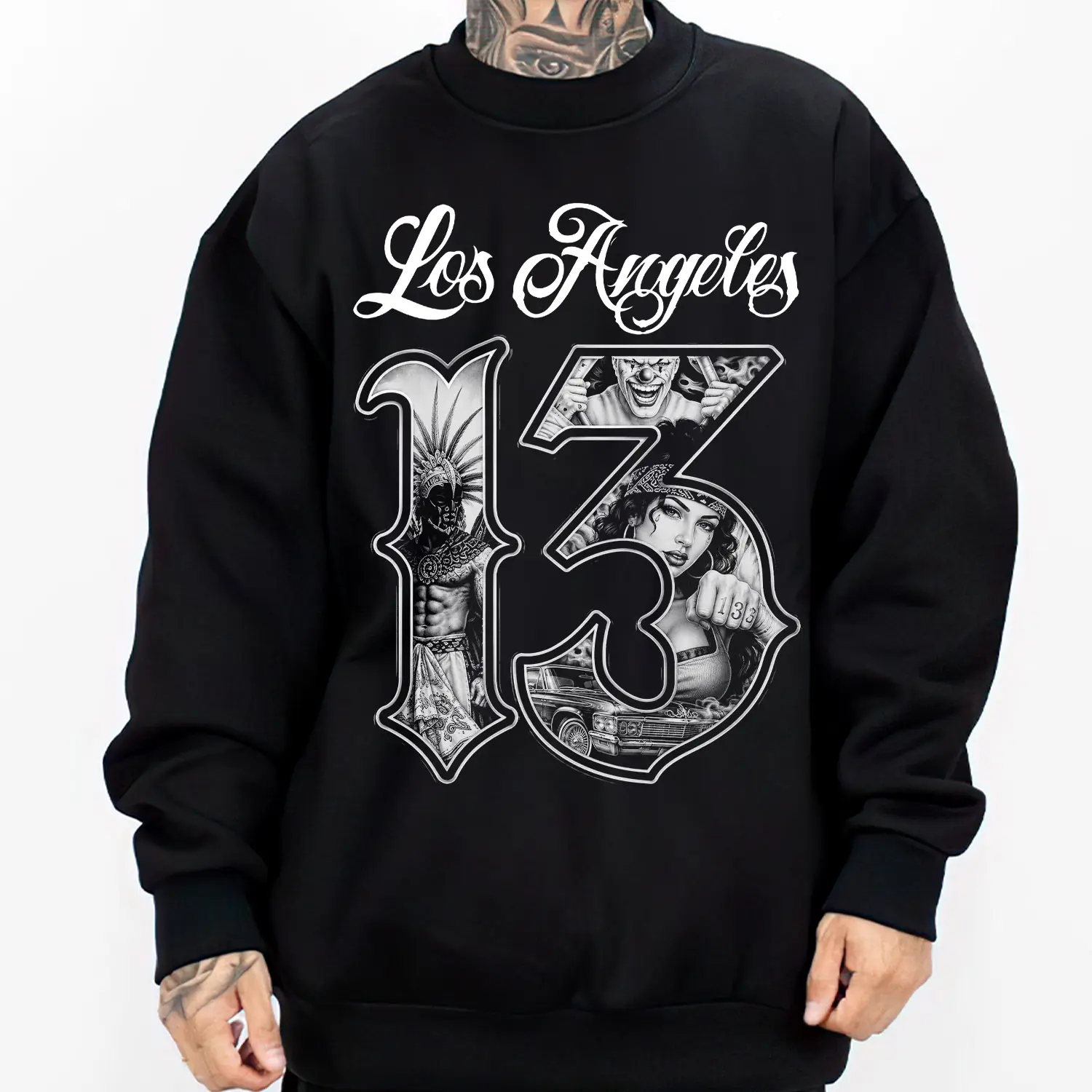 Los Angeles Chicano Art Tattoo, Unisex Cotton Chicano Streetwear Graphic Tee & Crewneck Sweatshirt - Lowrider Chicana Art, Cholo Gangster Outfit, Soft Fabric Hoodie for Men
