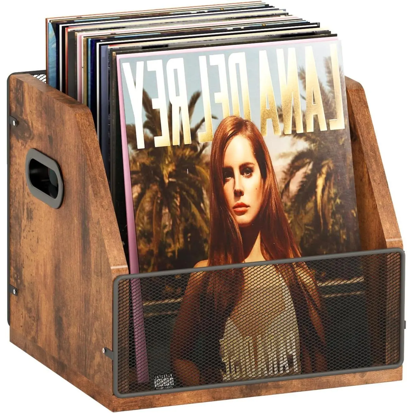 Vinyl Record Storage Organiser Boxes - Desktop Metal & MDF Wood Trapezoid LP Crate with Handles, Vintage Black PVC Case, Firm Screw Connection, Firm Structure, Playroom Storage for Record Player, Holds 50-60 Albums, 50-60 Vinyl Records