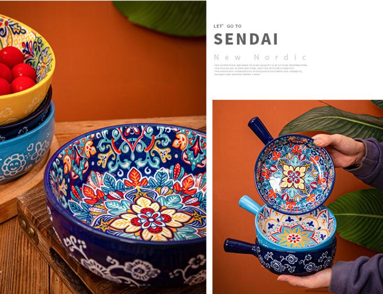 Boho Style Ceramic Pasta Bowl with Handle, Colorful Floral Pattern Serving Bowl, Large Capacity Salad Bowl Dessert Bowl, Premium Ceramic Tableware for Home Kitchen Dinner, Ideal Dinnerware & Kitchen Decor Gift
