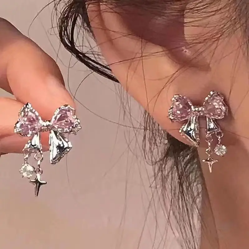 New Y2K Bowknot Zircon Stud Earrings for Women Fashion Korean Silver Color Pink Crystal Personality Earring Party Jewelry Gifts