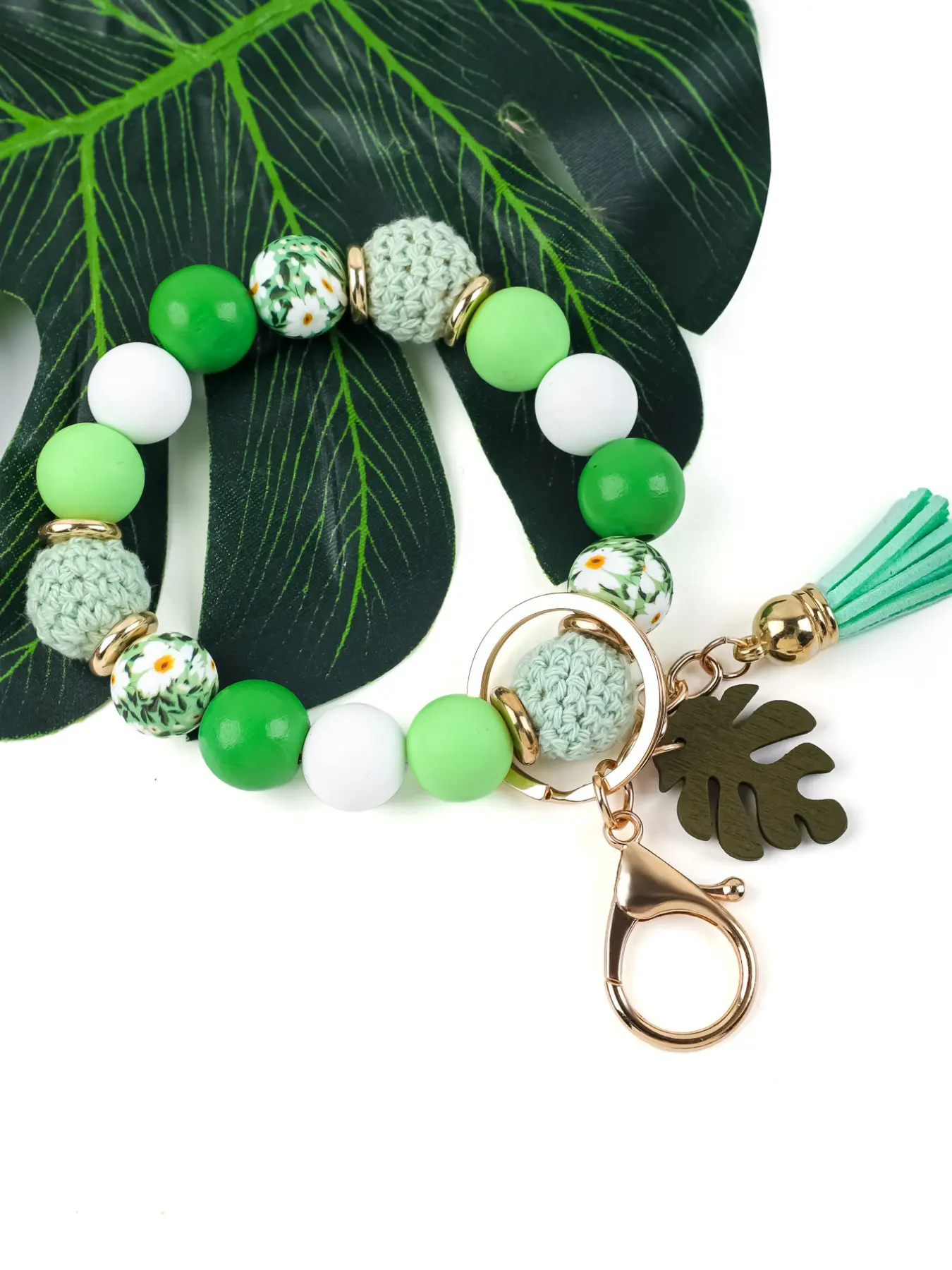 Unique Bohemian Beaded Keyring, Fashion Keychain, Colorful Handmade Design, Crochet, Wooden & Patterned Beads, Fun Tassels, Leaf Charms, Ideal Gift, Key Accessories