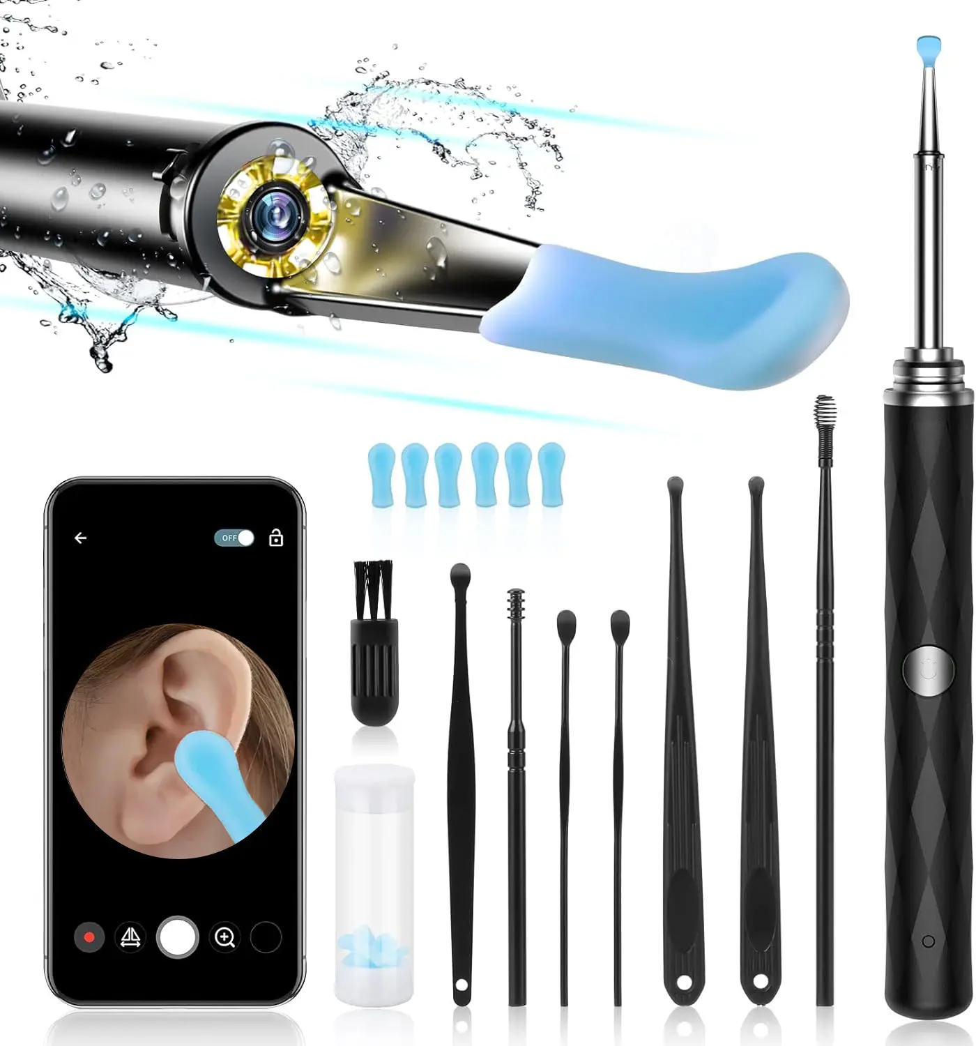 [FONENYCA] Ear Wax Removal Tool Kit with Light Camera, 6 Spoons & Flashlight Earpick - Ear Cleaner for iOS & Android, Black Earwax Cleaning Kit for Thanksgiving Gifts