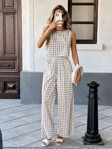Elegant Summer Vacation Set, Round Neck Tank Top and Plaid Long Pants, Two-Piece for Women, Everyday Casual and Comfortable