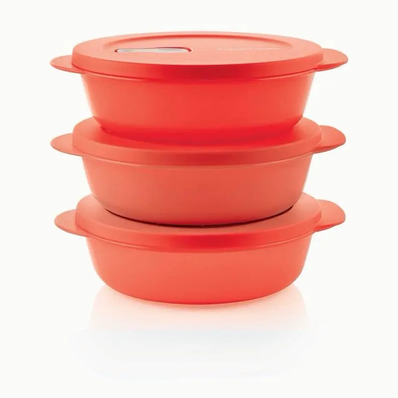 Tupperware CrystalWave Plus Round Set of 3 Microwave-Safe Containers with Steam Vent & Stain Guard Coating for Healthy Meal Prep