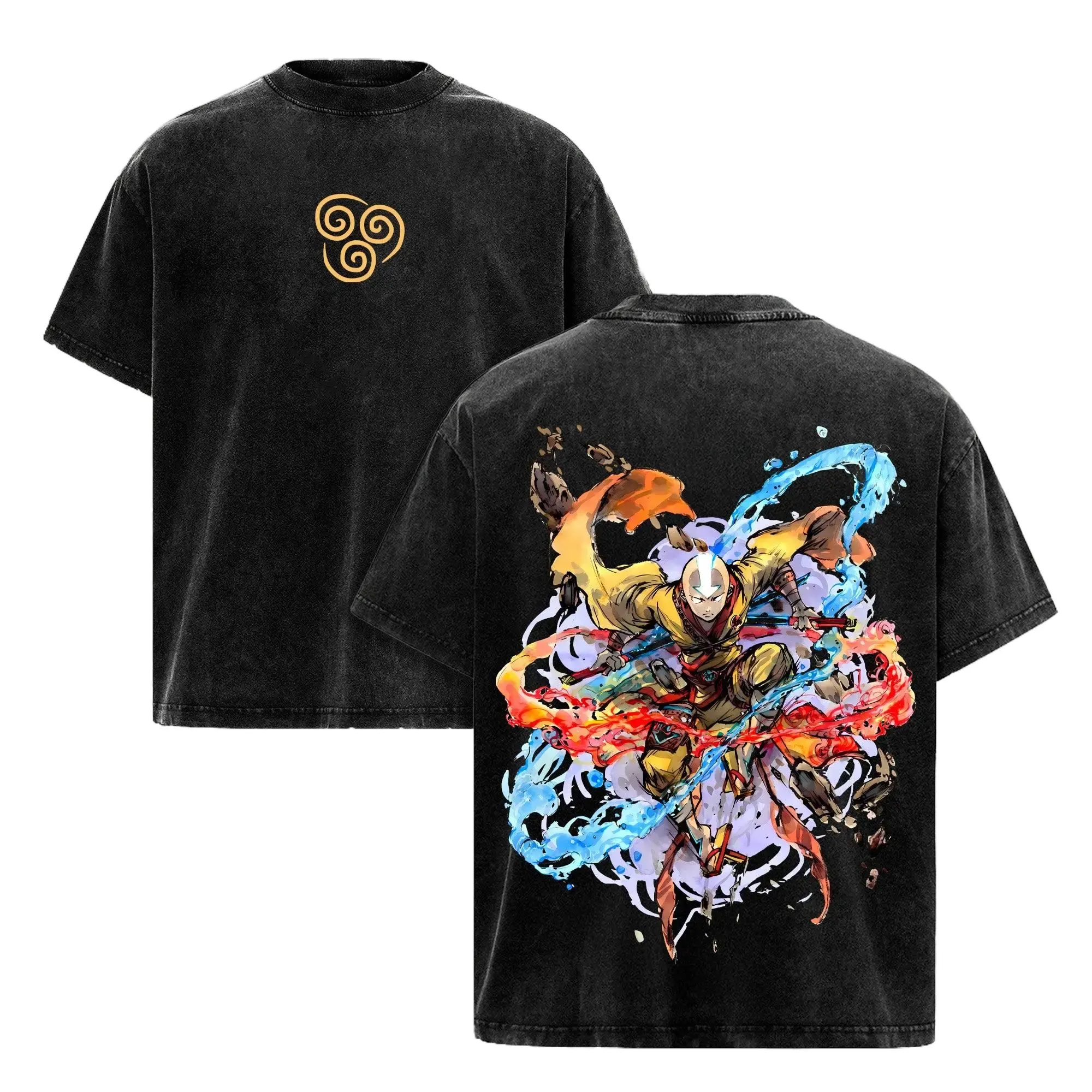 Vintage Acid Wash Avatar Graphic Tee - Aang Airbender T-Shirt for Men & Women, Retro Anime Top, 90s Graphic American Casual Short Sleeve Tee |   Premium Soft Cotton Classic Unisex T-Shirt for Daily, Gym & Streetwear |   Oversized Vintage Anime Washing T-S