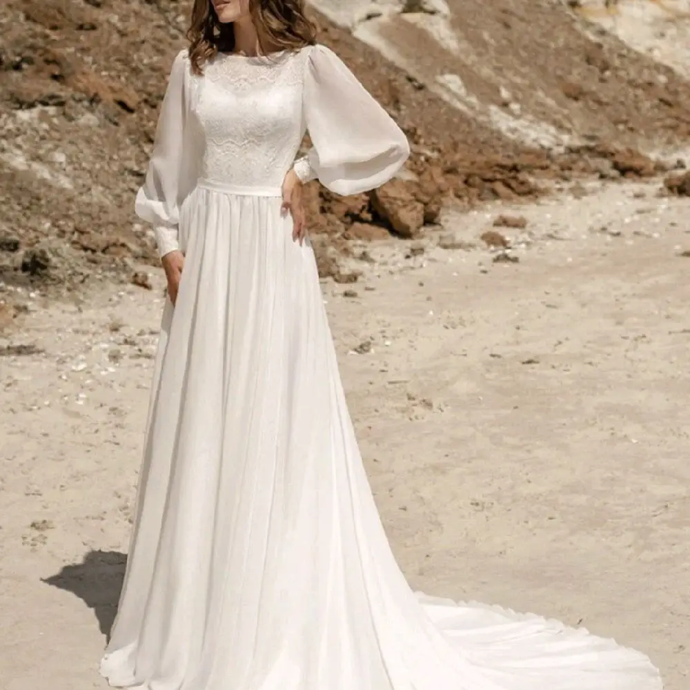 Boho Lace & Chiffon Bridal Gown Long Bishop Sleeve A-Line Wedding Dress Bohemian Elegant