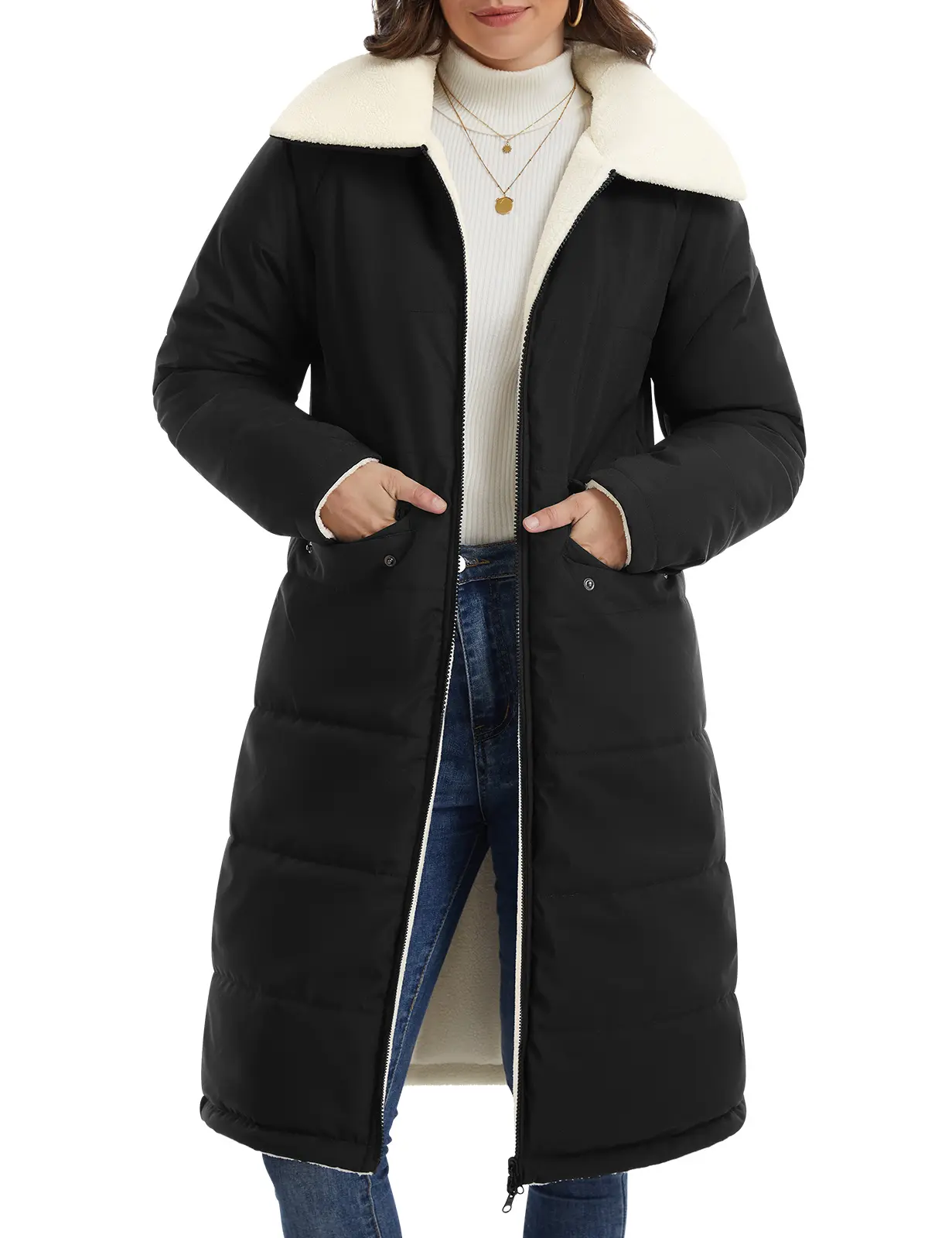HEEKPEK Women's Casual Long Sleeve Quilted Jacket, Sherpa Lined Winter Puffer Coat with Padded Insulation and Pockets, Full Sleeves, Two-Way Zip