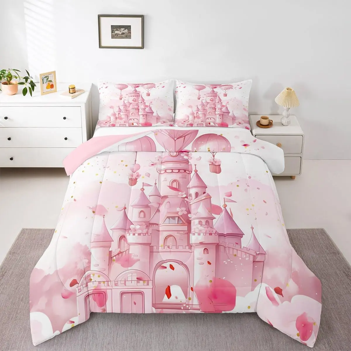 Kids Pink Castle Comforter Set ,Princess Bedding Set Boys Girls Fairy Tales Duvet Insert Teens Bedroom Decor