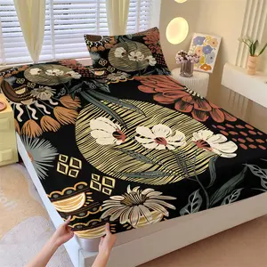 Vintage Ethnic Floral Print Fitted Sheet Set and 2 Coreless Pillowcases, Hand-Drawn Flowers and Geometric Lines Mattress Protector, Soft Anti-Slip Bedding, Mysterious Artistic Bedroom Decor, Decorative Bedsheet Sets, Gift Choice, Fitted Mattress Sheets
