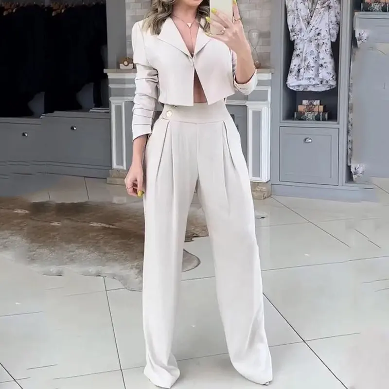 Women’s Elegant Wide-Leg Jumpsuit – High-Waist Two-Piece Look with Cropped Blazer Top