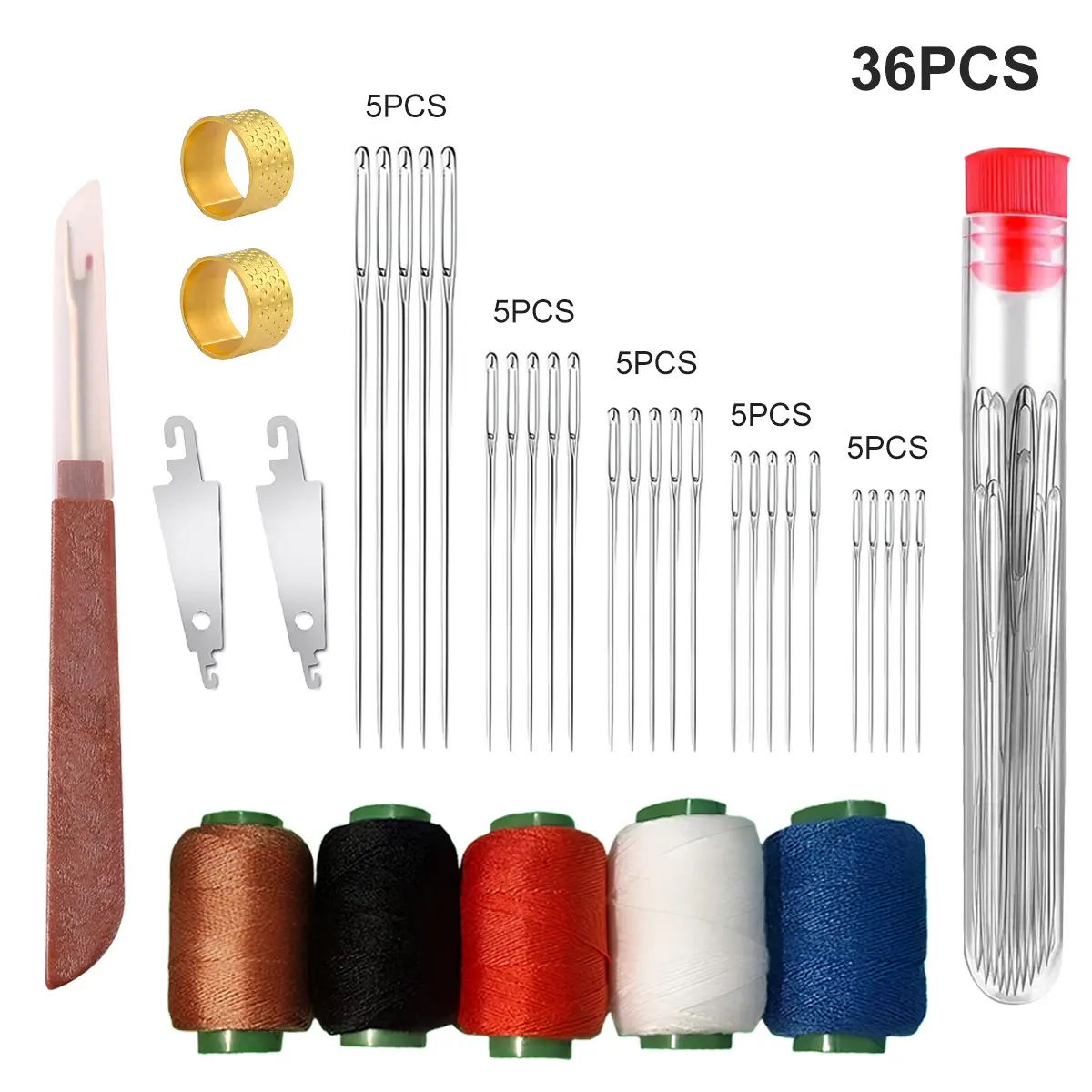 36 Pcs Big Eye Steel Sewing Needles Kit - Stainless Steel Needles for Hand Sewing Kit with Thread Ripper, Needle Threaders, Threads and Thimble