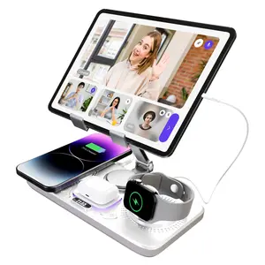 Foldable & Portable 6-in-1 Charging Stand: USB-C Powered Desktop Fast Charger for Apple iPhone, Android, iPad, Samsung Galaxy