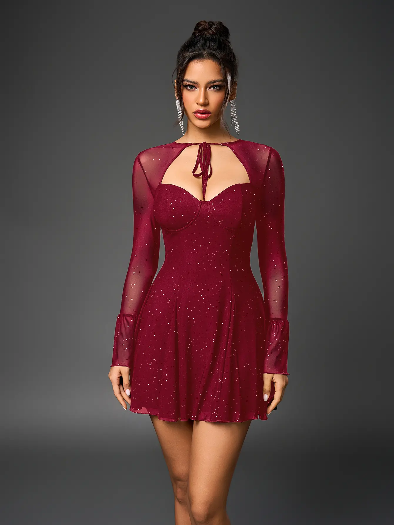 Tie Ruched Sequin Long Sleeves Mesh Short Dress,Fashionable Party Outfits, Date Outfits
