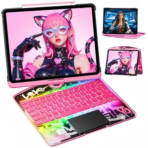 DarlingCase Cyberpunk 360° Swivel Keyboard Case for iPad Air 11 & iPad Pro 11 (2018-2025) – Wireless Bluetooth Keyboard with 7 Color Backlighting & 360° Rotatable Trackpad in Stylish Translucent Pink