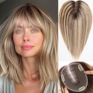 starluck 6x5 inch Large Swiss Base SilkHug 14 Inch Real Human Hair Toppers,60 Gram, 100% Real Human Hair Toppers for Women with thinning (Ash Blonde, with Bangs) 613/M6/16A#