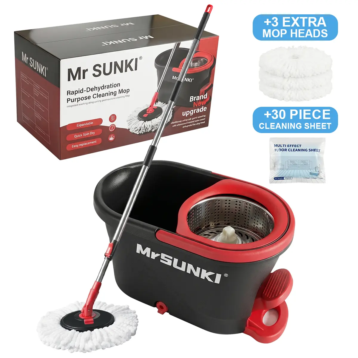 MrSUNKI Spin Mop and Bucket Set with Ft Pedal, Stainless Steel Wringer System, 3 Microfiber Replacement Heads, 30 Floor Cleaning Sheets, 360° Rotating Adjustable Polyester Mop, Essential Cleaning Tools You Need for All Hard Floors