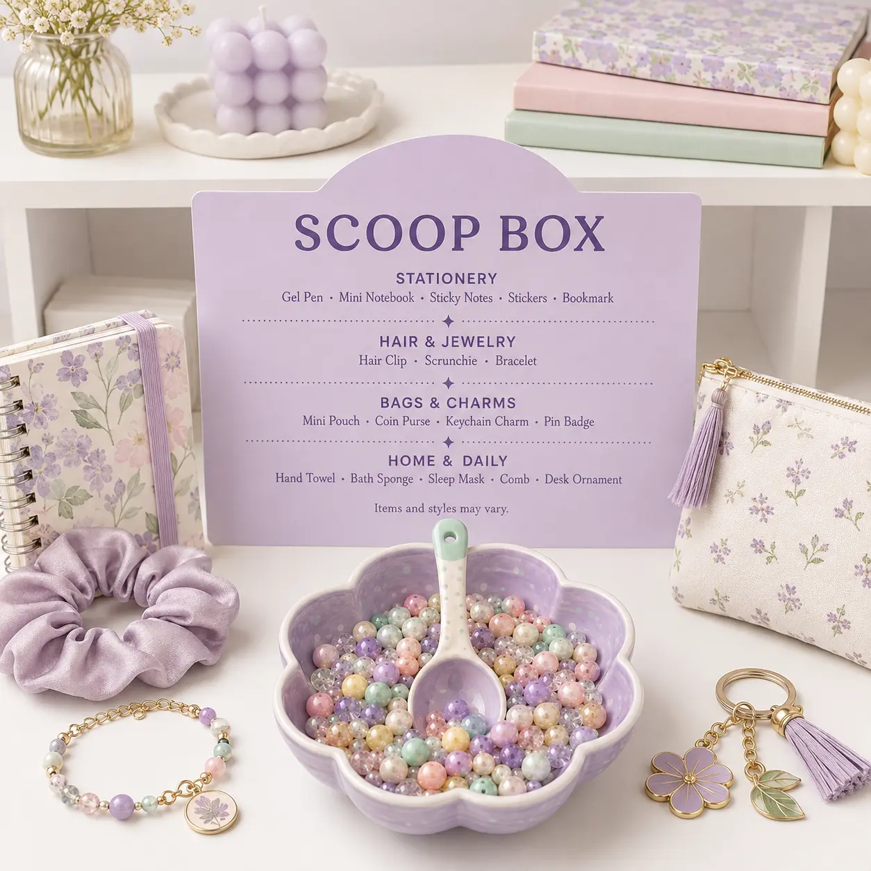 Purple Scoop Box Gift Set for Women - Cute Stationery, Hair Accessories, Keychain Charms, Mini Size Pouch, Bracelet, Daily Needs & Other Daily Essentials - Birthday, Christmas Festive Party Gift (Home & Party Supplies)