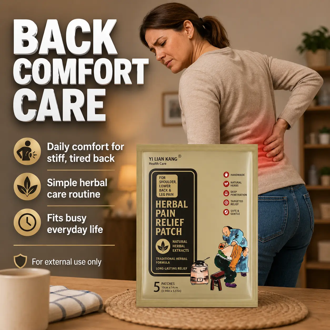 Traditional Herbal Black Paste Heat Patch for Daily Lower Back Muscle Strain Relief - Reduces Stiffness, Soreness, Pain, Moisturizing Warm Formula Penetrates to Relax Waist Muscles