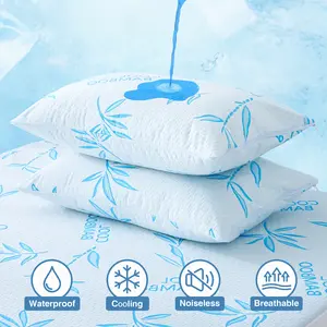 2 Pack Bamboo Fiber Pillowcases with Zipper, Waterproof Leaf Pattern, Knitted Bed Pillows Covers, Blue