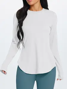 Women's High Elasticity Long Sleeve Top, Casual Round Neck Split Hem Shirt for Daily Wear Gym Yoga Running, Fitness Clothes Tops, Athletic Yoga Tops, Autumn Winter Fashion Gym Tops