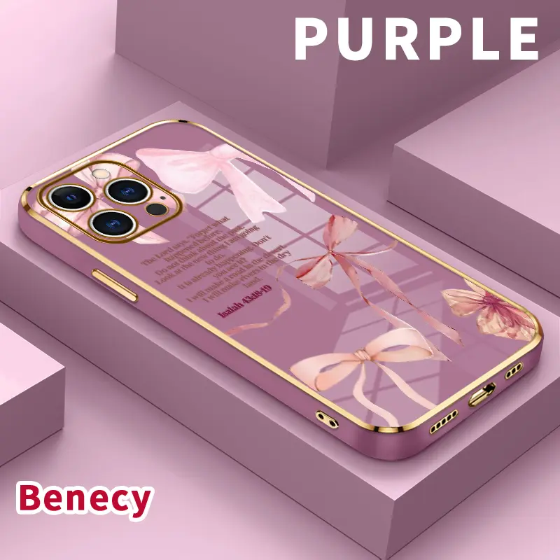 Glossy Plating Soft Silicone TPU Mobile Phone Case, Pink Bow Blessing Printed Anti-Oil Protection Accessory for iPhone 15 Pro Max, 16, 14 Plus, 13, 12, 11, X, XS Max, XR, Accessories