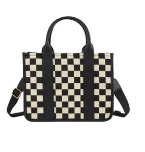 Black White Checkered Tote Bag with Adjustable Crossbody Strap