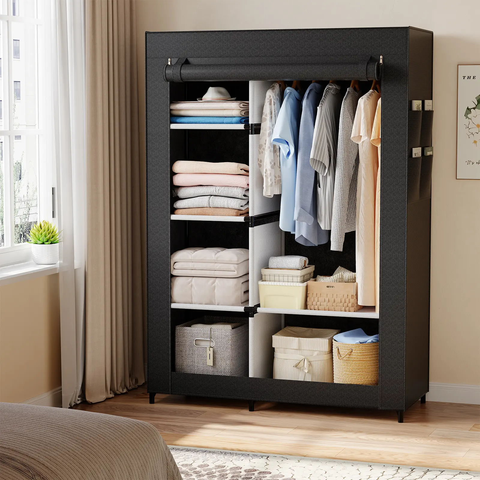 Sweetcrispy Freestanding Wardrobe Cabinet with Cover - Portable Garment Rack, Closet Storage Clothes Organizer for Bedroom, Dorm