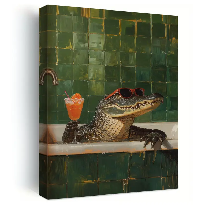 Wall Art, Fashion Poster, Crocodile Taking a Bath and Drinking Red Wine Art Print, Abstract Humorous Animal Canvas Painting, Unique and Creative Wall Aesthetic Decoration, Perfect Decoration for Living Room and Bedroom