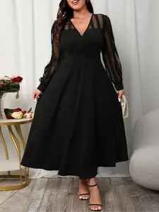 【Plus Size】 Plain V Neck Sheer Dress, Elegant Bishop Sleeve Dress for Party Holiday Wedding Guest, Women's Clothes for Spring & Fall