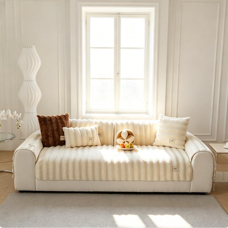 Cream Ribbed Faux Fur Sofa Cover | Ultra-Soft Vertical Striped Throw for Minimalist Homes
