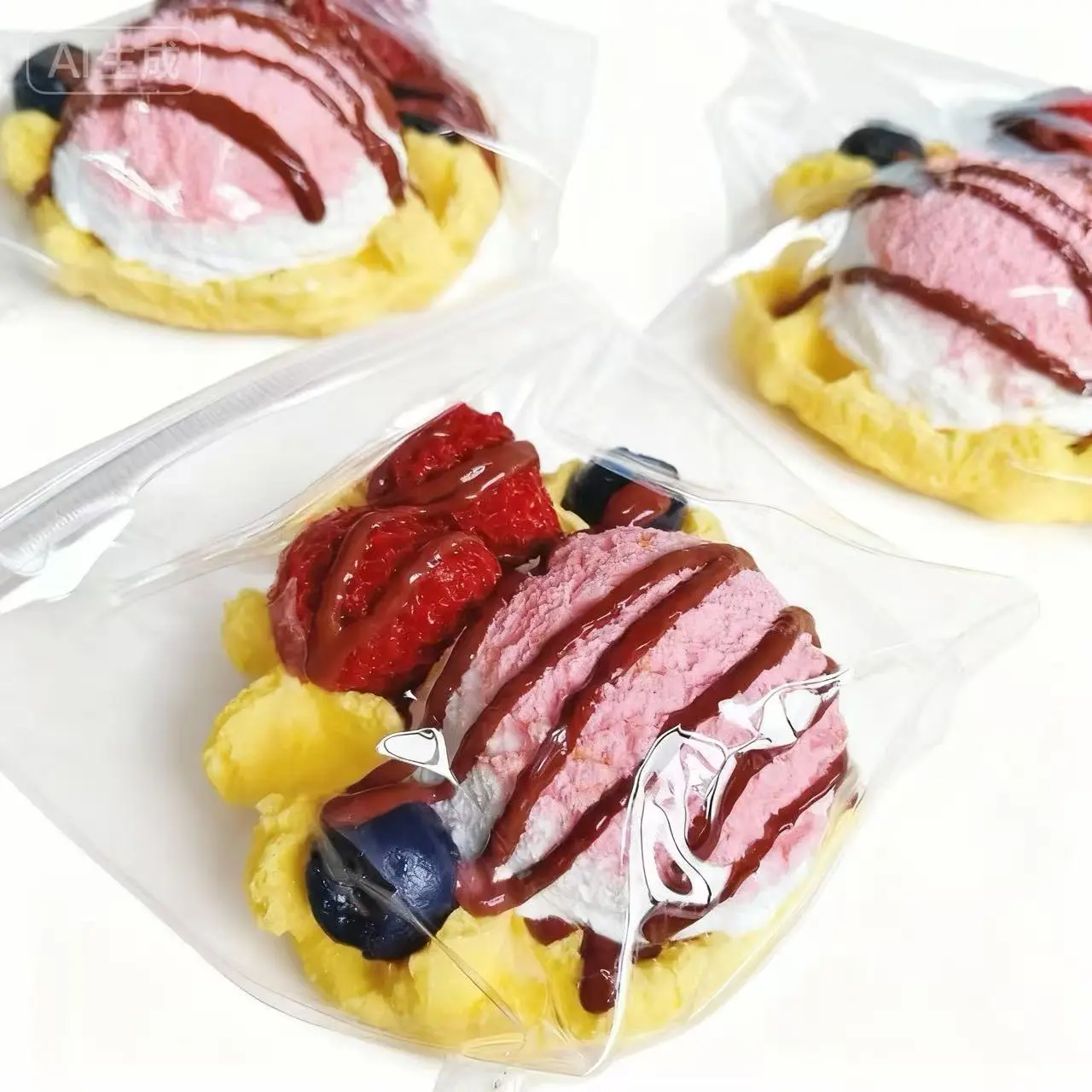 Handmade Chocolate Drizzle Fruit Ice Cream Waffle Kawaii Squishy Stress Ball, Portable Sticky Squeeze Sensory Stress Reliever, Healing Decompression Toy for Kids (Great Children's Day Gift)