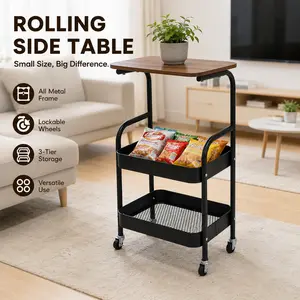 3-Tier Rolling Side Table Cart with Wood Top, Metal Utility Storage Organizer for Living Room, Bedroom, Kitchen, Bathroom & Small Spaces
