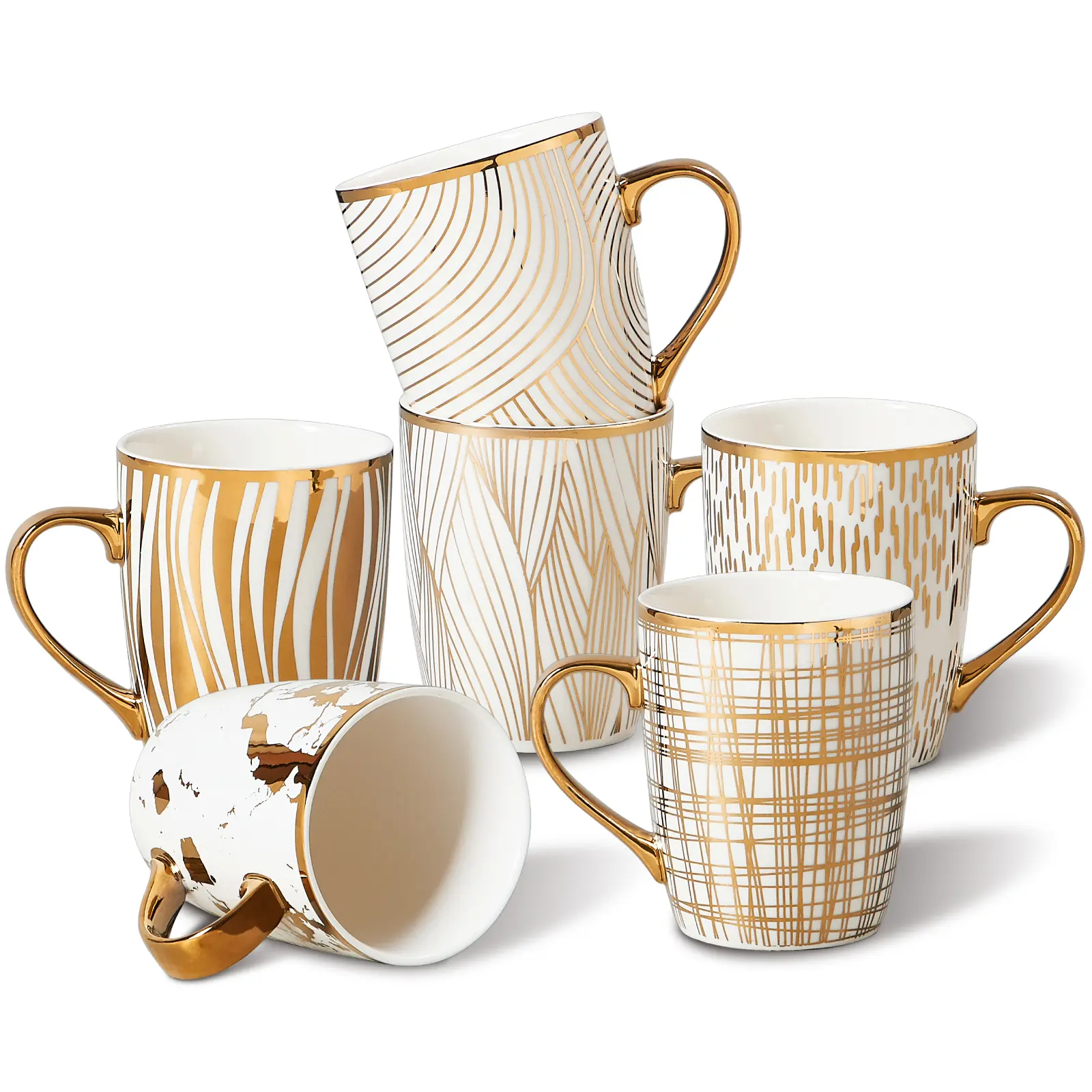 ONEMORE 18oz Gold-Plated Ceramic Mugs Set - Elegant White & Gold, Multicolored, Set of 6 for Latte, Tea, Cappuccino & Mocha - Ideal for Home Decor