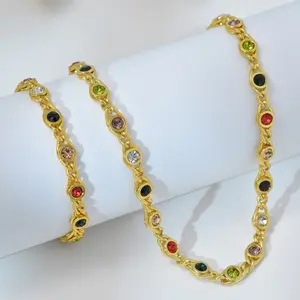 Bohemian Color Zircon Necklace for Women, 18K Gold Plated Stainless Steel Circle Chain
