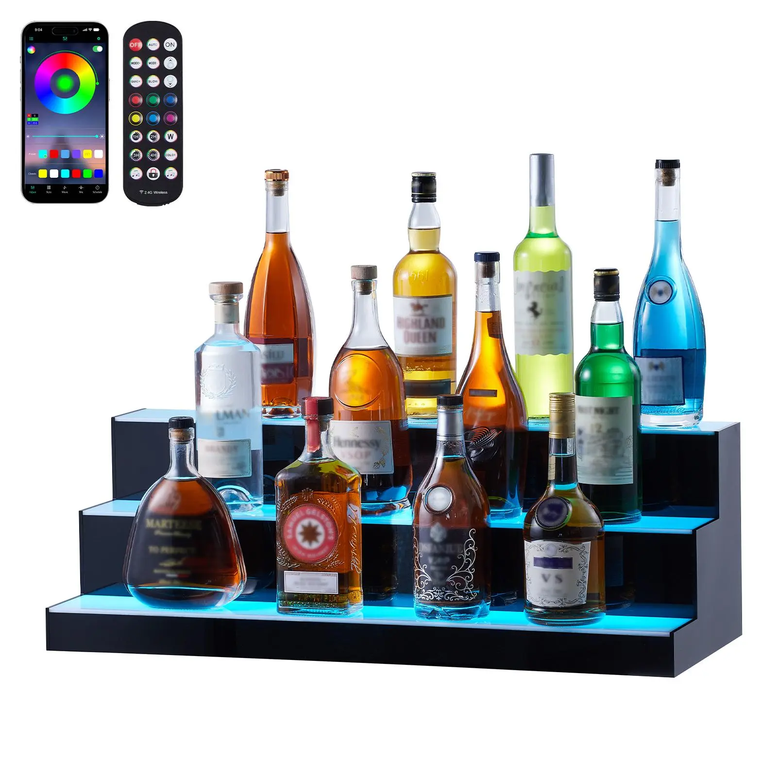 VEVOR LED Lighted Liquor Bottle Display Shelf - 3-Tier 30in Commercial Acrylic Wine Rack Utensil, RF Remote & App Control Multicolor LED Lighting, for Indoor/Outdoor Party Home Bar Use