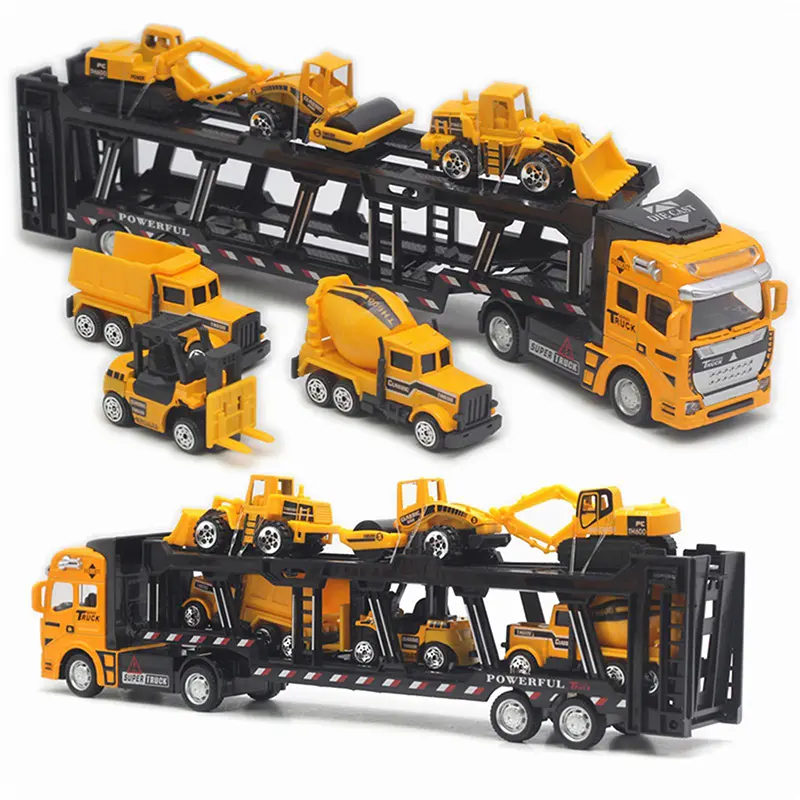 Crelloci 7-in-1 Die-Cast Pull-Back Kids Toys Construction Set - Hand-Fit Grip Transporter Lorry, Digger, Forklift, Road Roller, Concrete Mixer, Dump Truck, Scale Model Motor Vehicles, Construction Tools for 3-5 Years Old