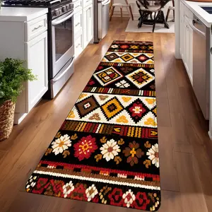 1PC， Red Brown Yellow Geometric Patterned strip rugs, home décor, bathroom mats, entryway mats, bathroom non-slip mats, indoor entrance rugs, bedroom bedside mats, kitchen mats, hallway rugs, flannel sponge rugs, hallway runner rugs