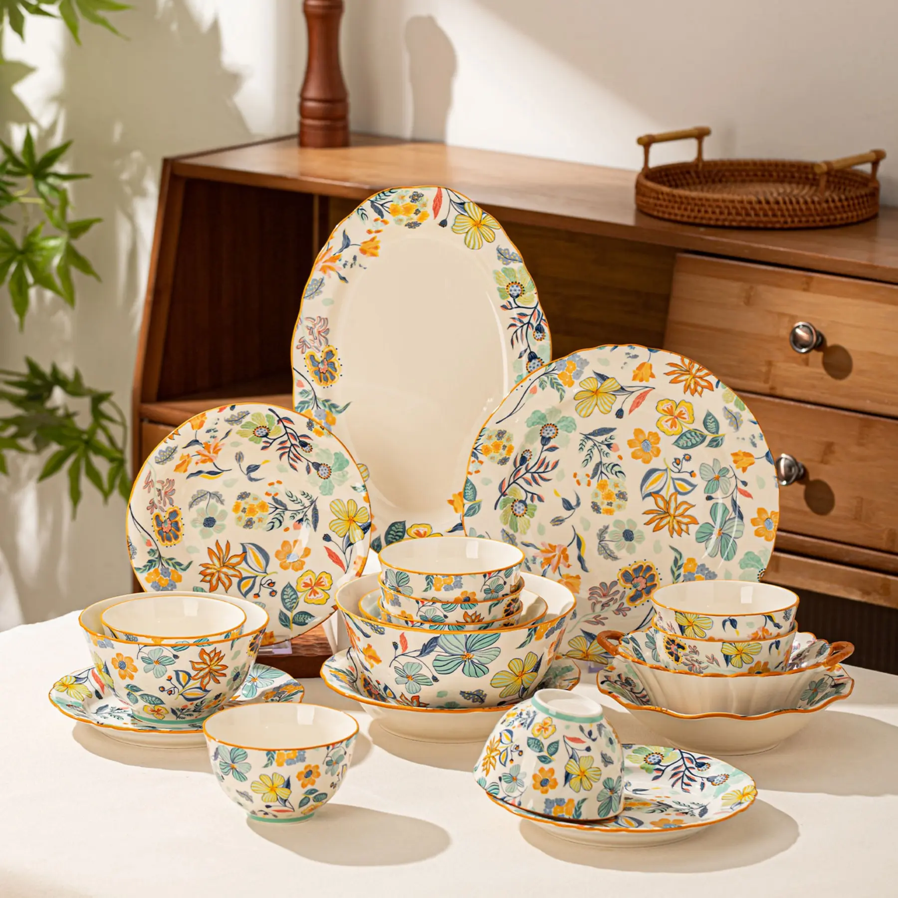 8/13/19-Piece Ceramic Dinnerware Set, Includes Plates and Bowls, Scratch-Resistant, Dishwasher and Microwave Safe, Floral Pattern, Dinnerware Service Set