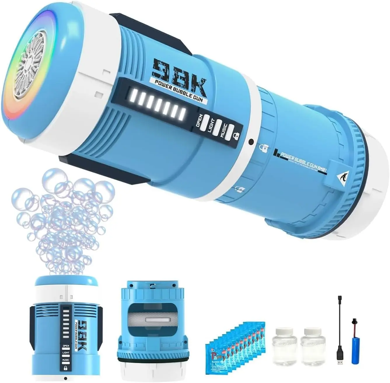 98K Bubble Gun and Bubble Machine 2 in 1 - Rechargeable Bubble Maker with Rainbow/Breathing LED Light and Children Songs for Teen Boys Girls Outdoor Pary Fun…