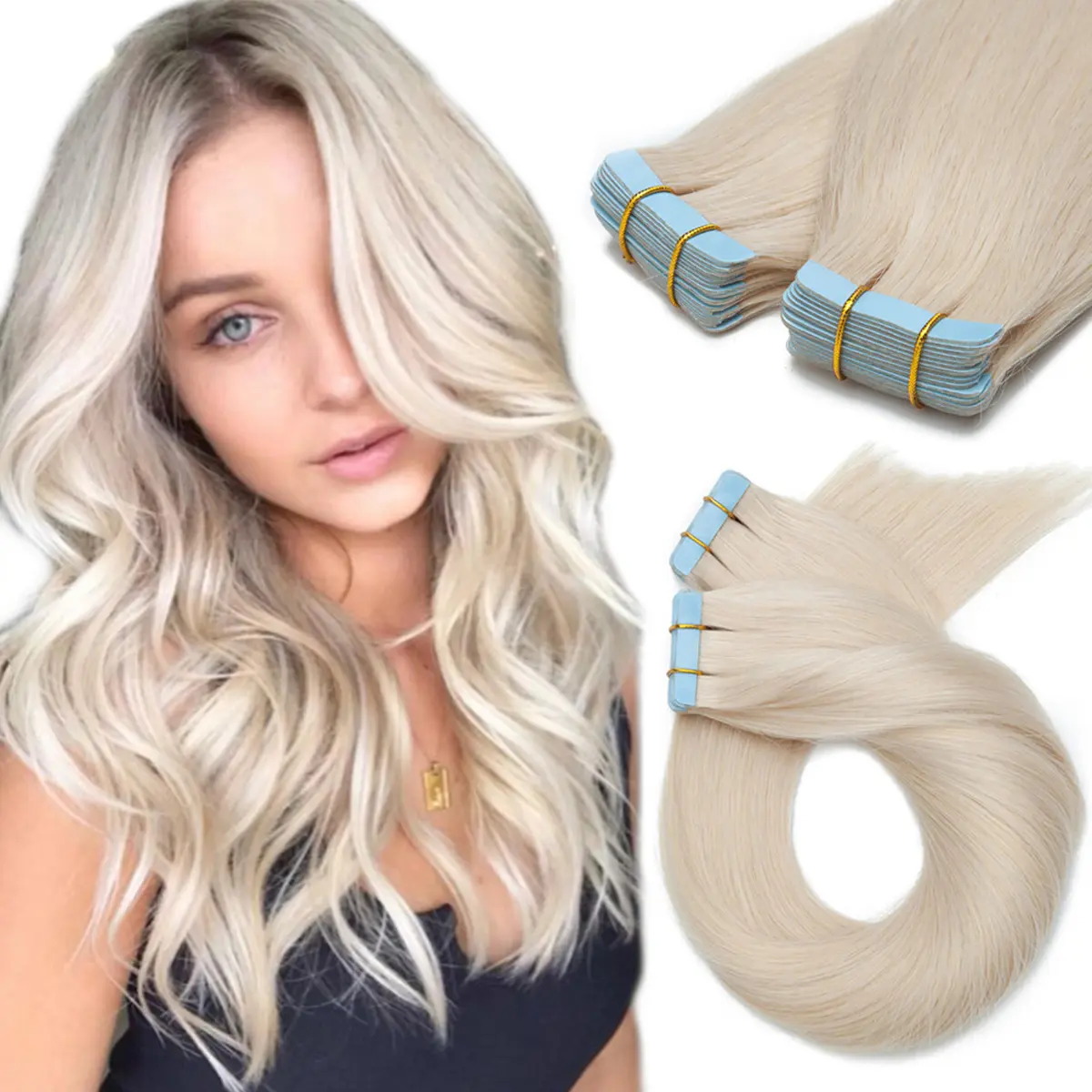 MY-LADY 20/40pcs/Pack Tape In Hair Extensions 100% Remy Human Hair Silky Straight Blonde Hair Pieces For Women campingessentials