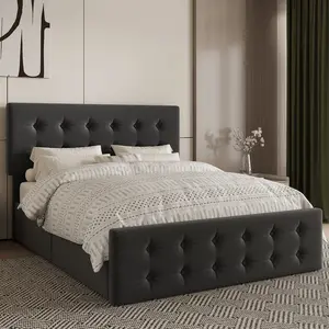 Gaomon Dark Grey Queen Size Linen Upholstered Platform Bedframe - Tufted Headboard, 4 Storage Drawers, Wooden Slats Support, No Box Spring Needed